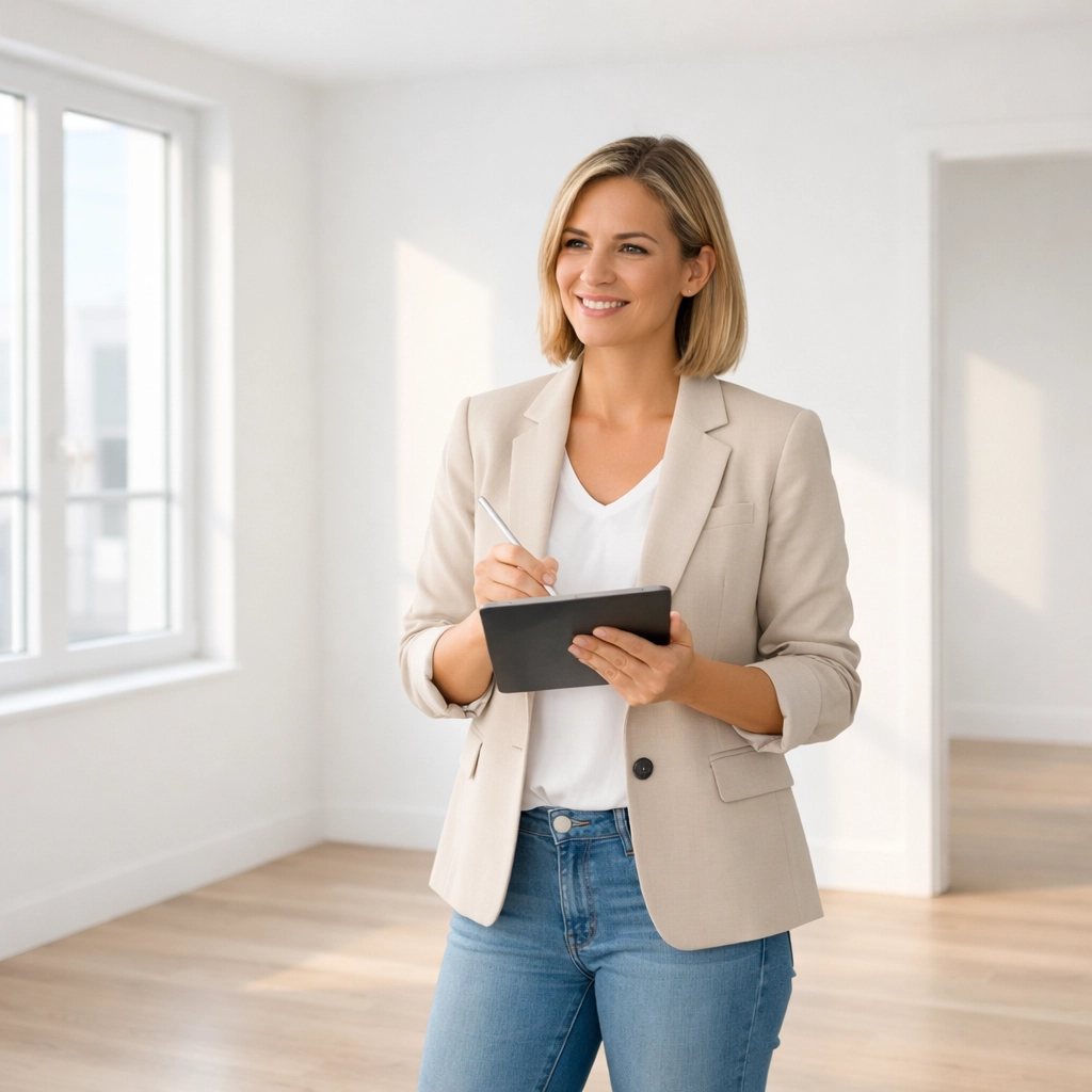 Property manager conducting pre-move-out apartment inspection with digital tablet