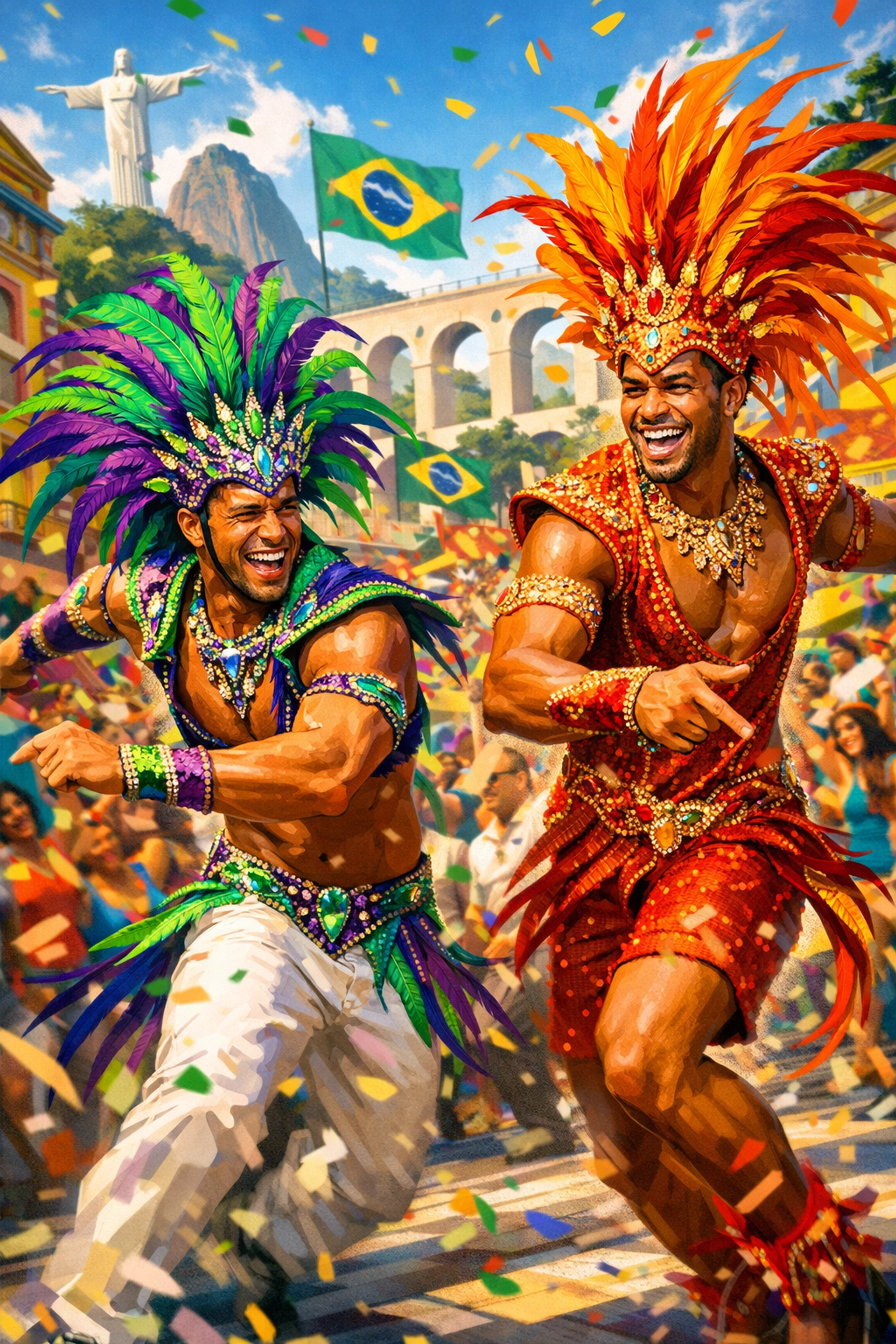 Two men performing samba in feathered costumes during Rio Carnival street party