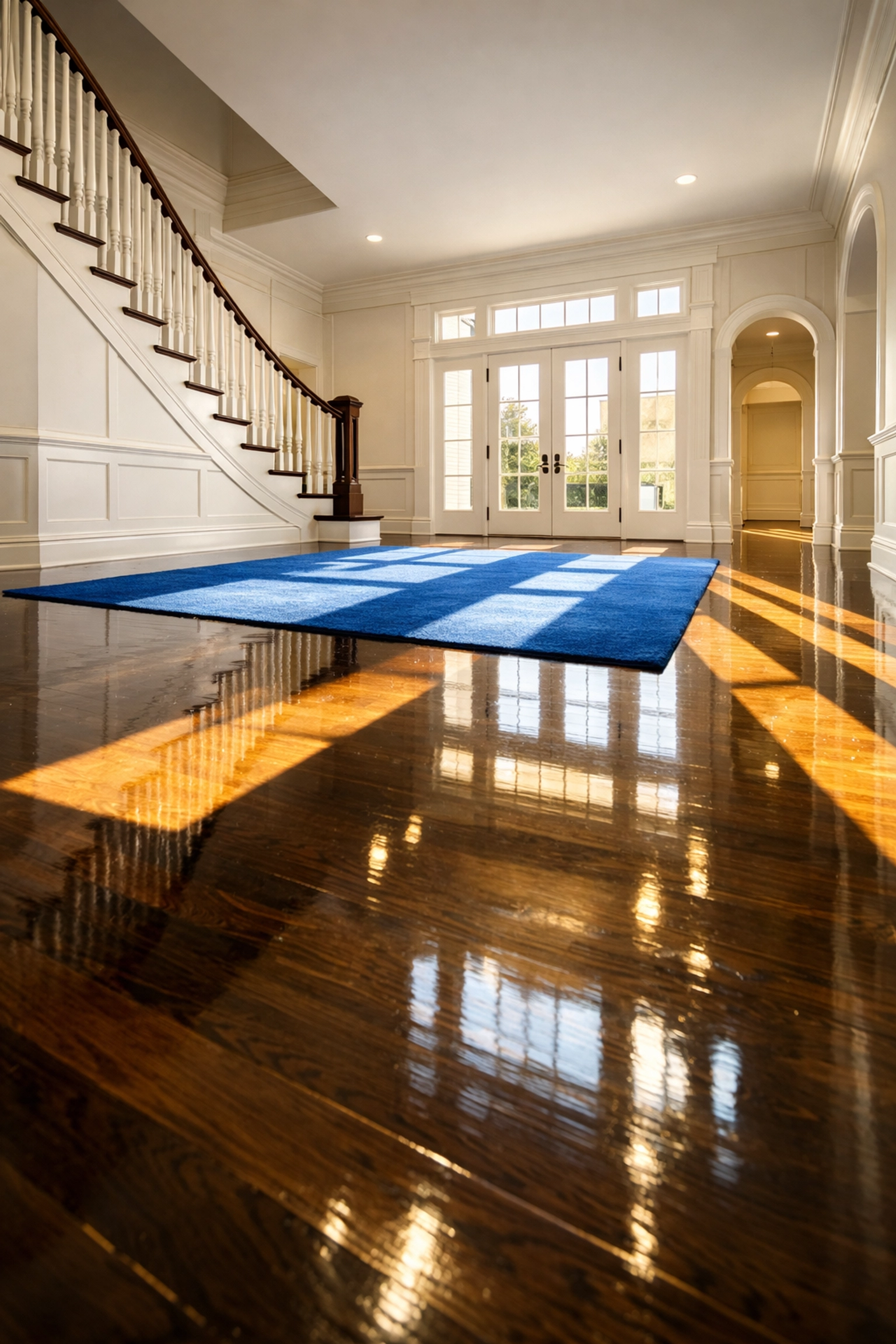 Sun-drenched luxury foyer with polished floors following professional residential cleaning Massachusetts.