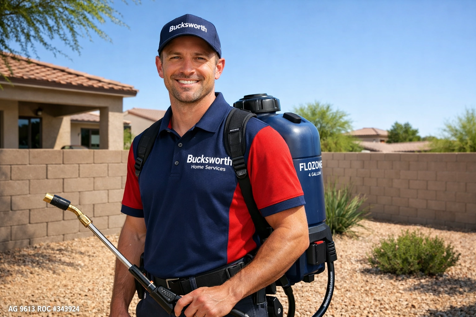 Professional technician providing the best pest control in Tempe AZ for a residential desert landscape.