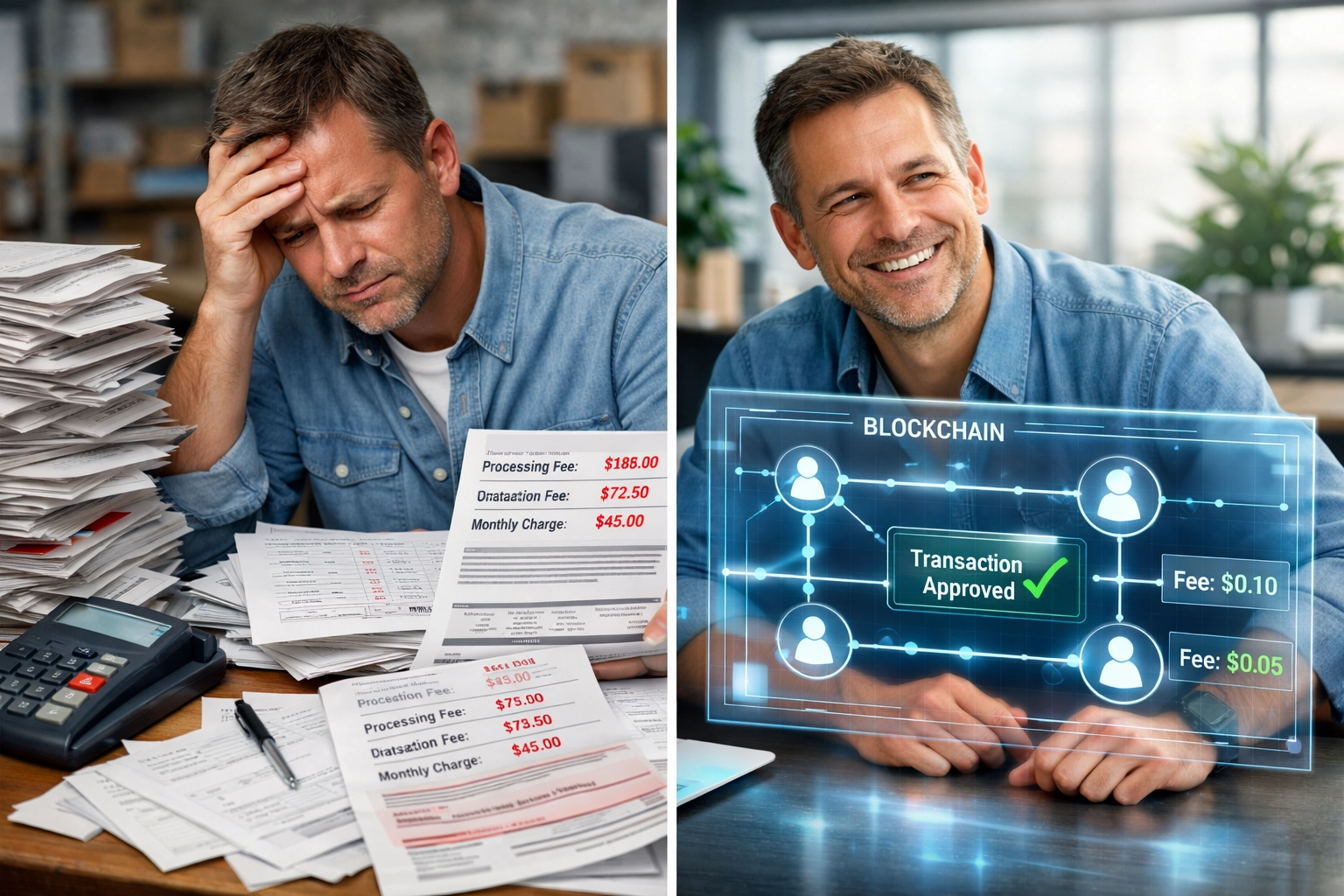 Traditional payment processing compared to Larecoin's blockchain-based merchant solution