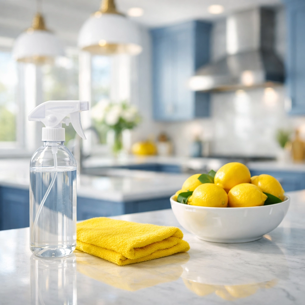 Eco-friendly move-in cleaning in a bright North Shore kitchen with professional non-toxic supplies and a microfiber cloth.