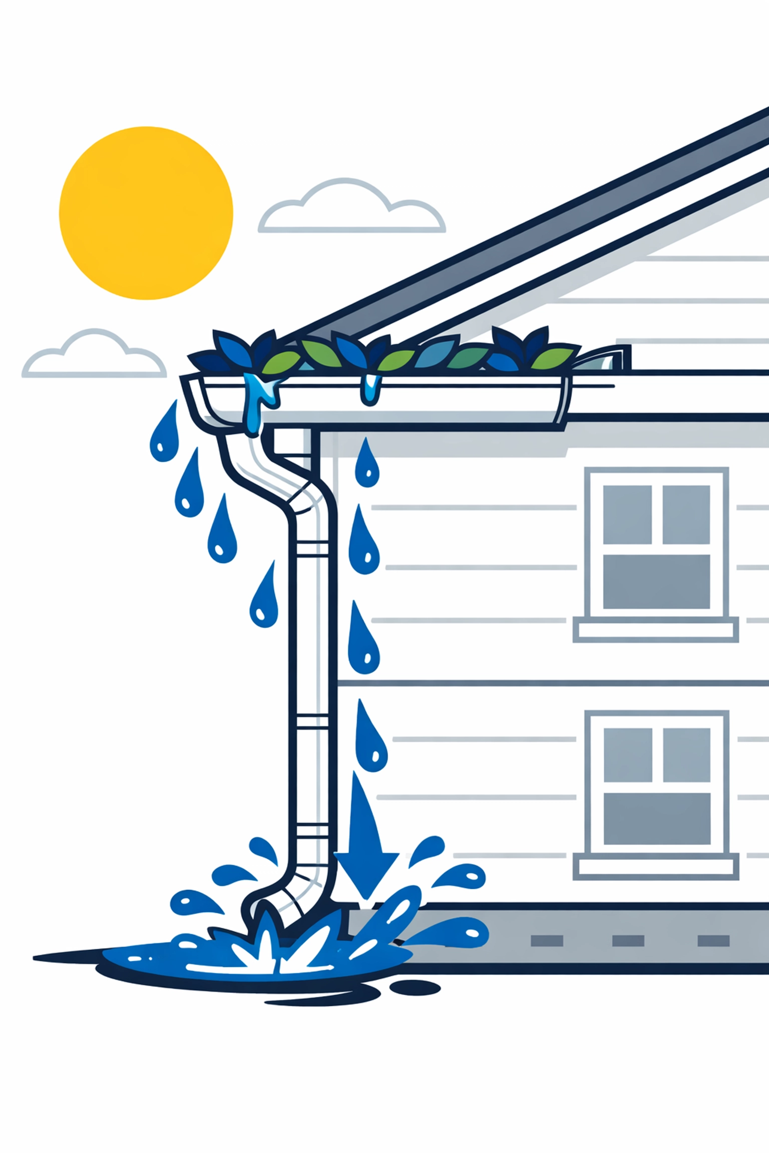 Clogged gutters overflowing water toward home foundation causing potential water damage