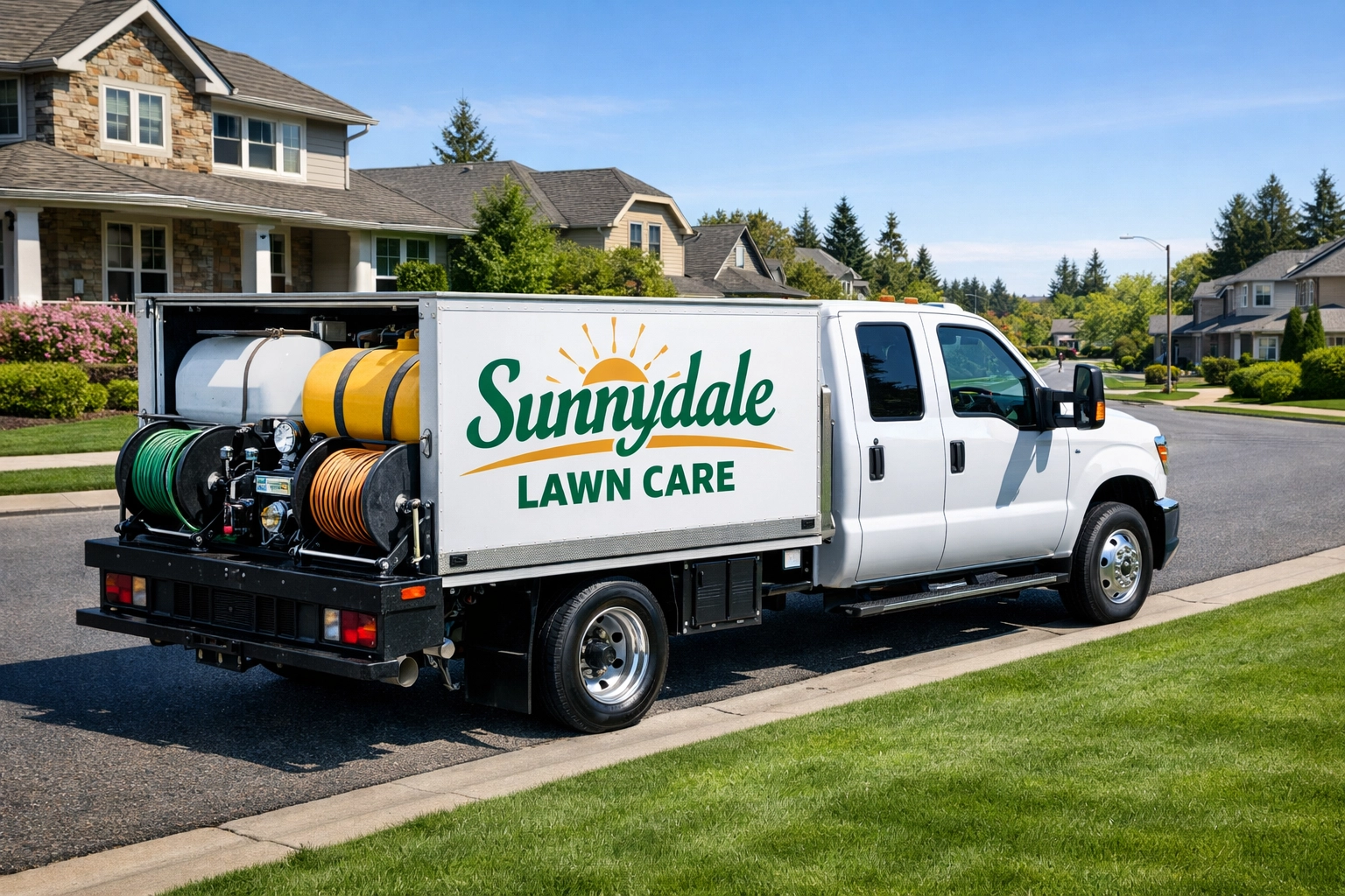 Professional Sunnydale Lawn Care service truck parked by a lush green lawn on a quiet residential street.