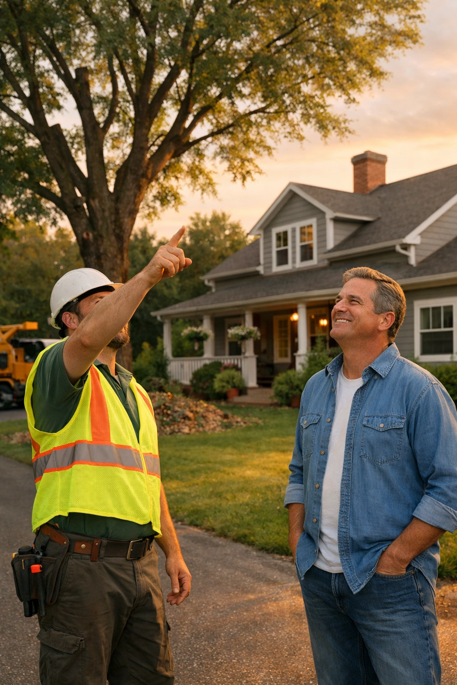 Professional tree service foreman discussing insurance and safety with a satisfied Connecticut homeowner.