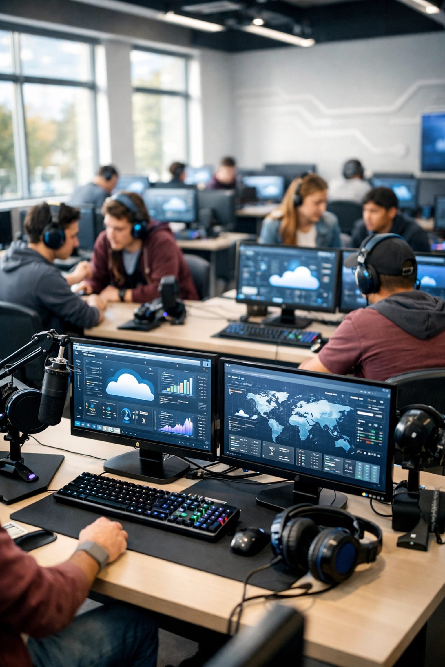 Modern high school computer lab with students learning cloud computing and workforce development skills