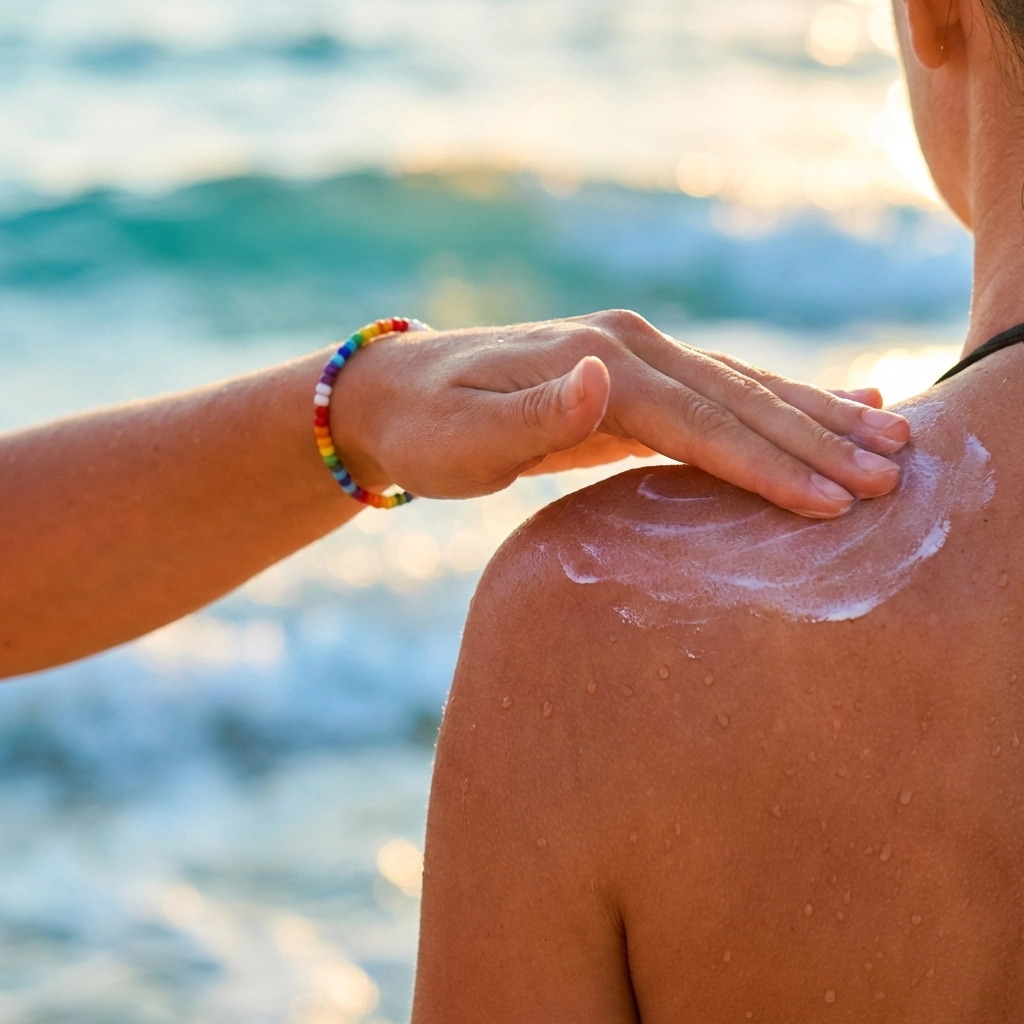 Applying sunscreen at naturist beach in Ibiza for safe skinny dipping