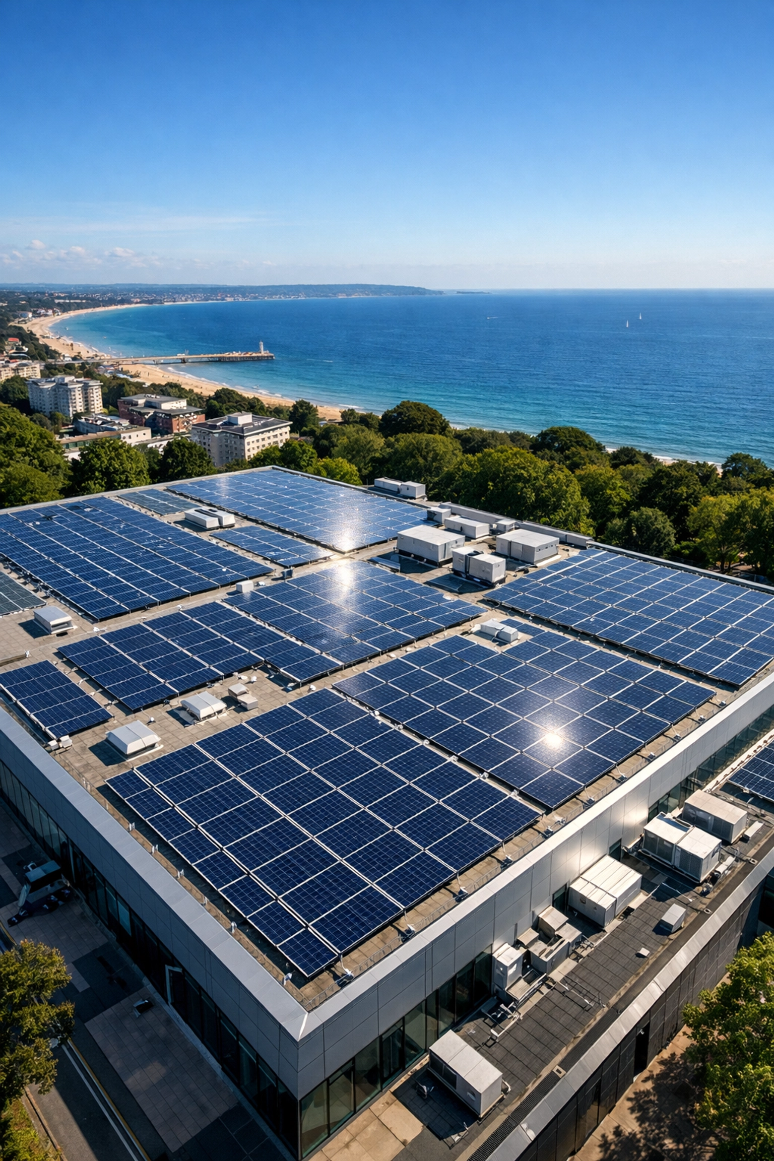 Aerial view of a large commercial solar panel installation on a business rooftop in Bournemouth.