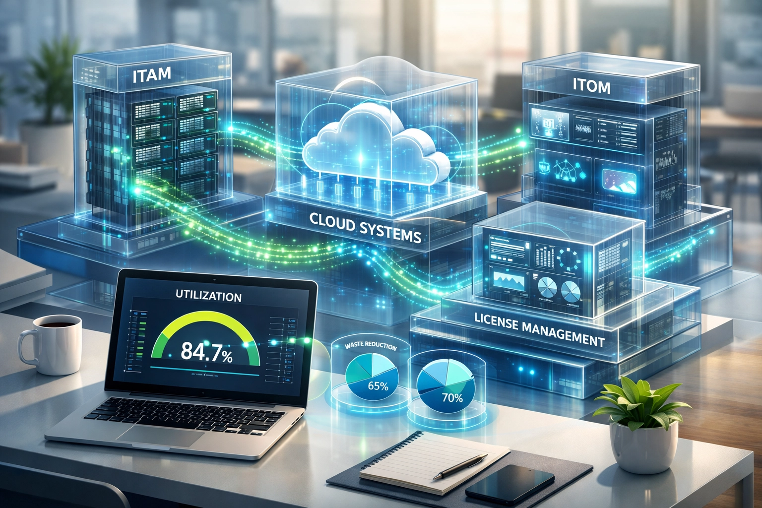 ServiceNow ITAM and ITOM integration dashboard showing 85% license utilization metrics
