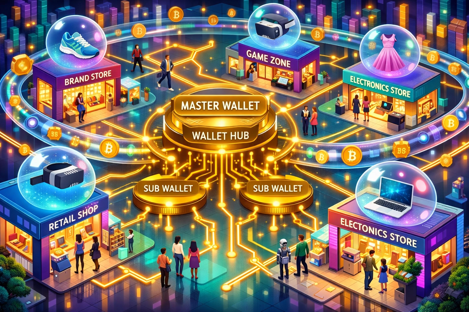 B2B2C metaverse shopping ecosystem with connected virtual storefronts and crypto payment networks