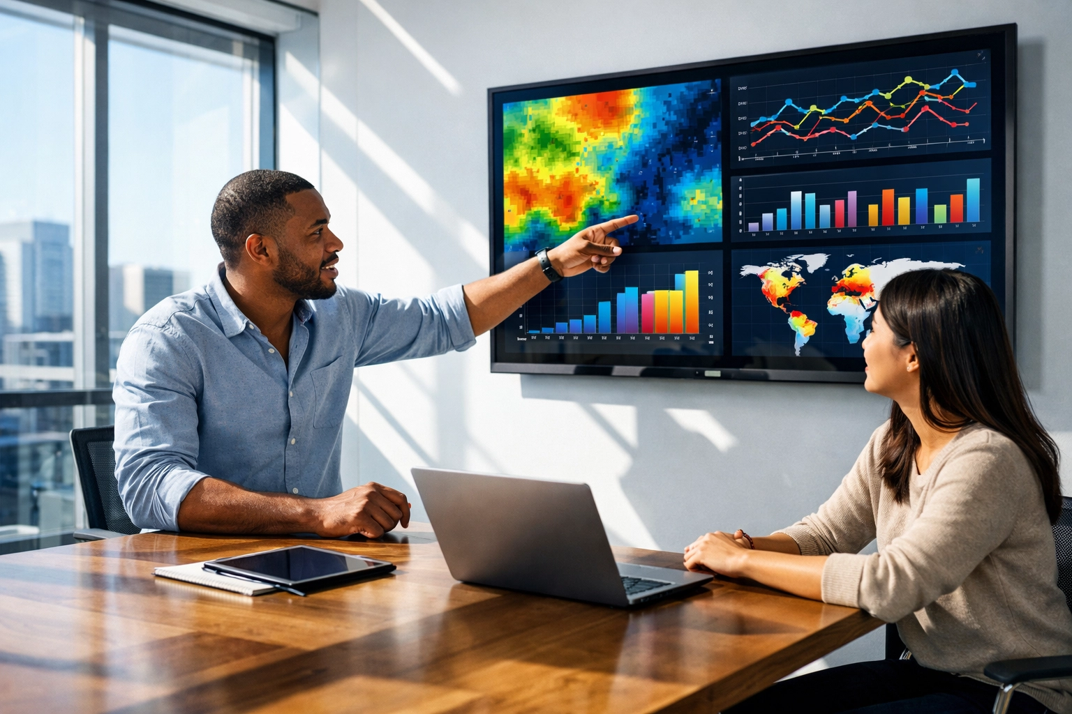 Business consultants analyzing sports media advertising strategy data in a modern office setting.
