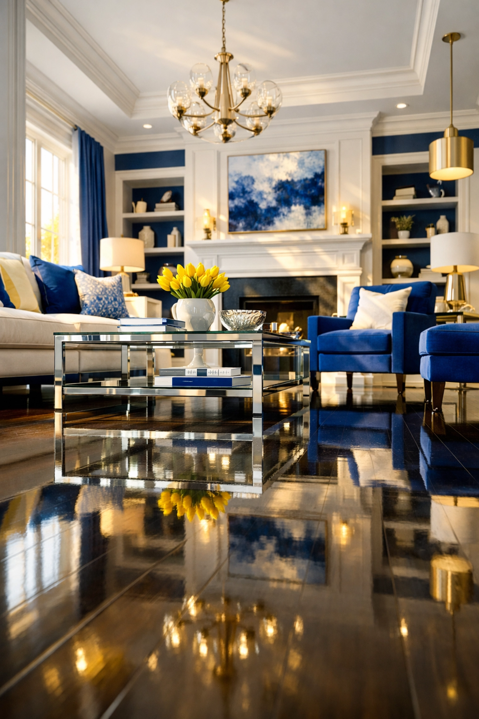 Impeccable living room with polished floors from expert deep cleaning services in Massachusetts.