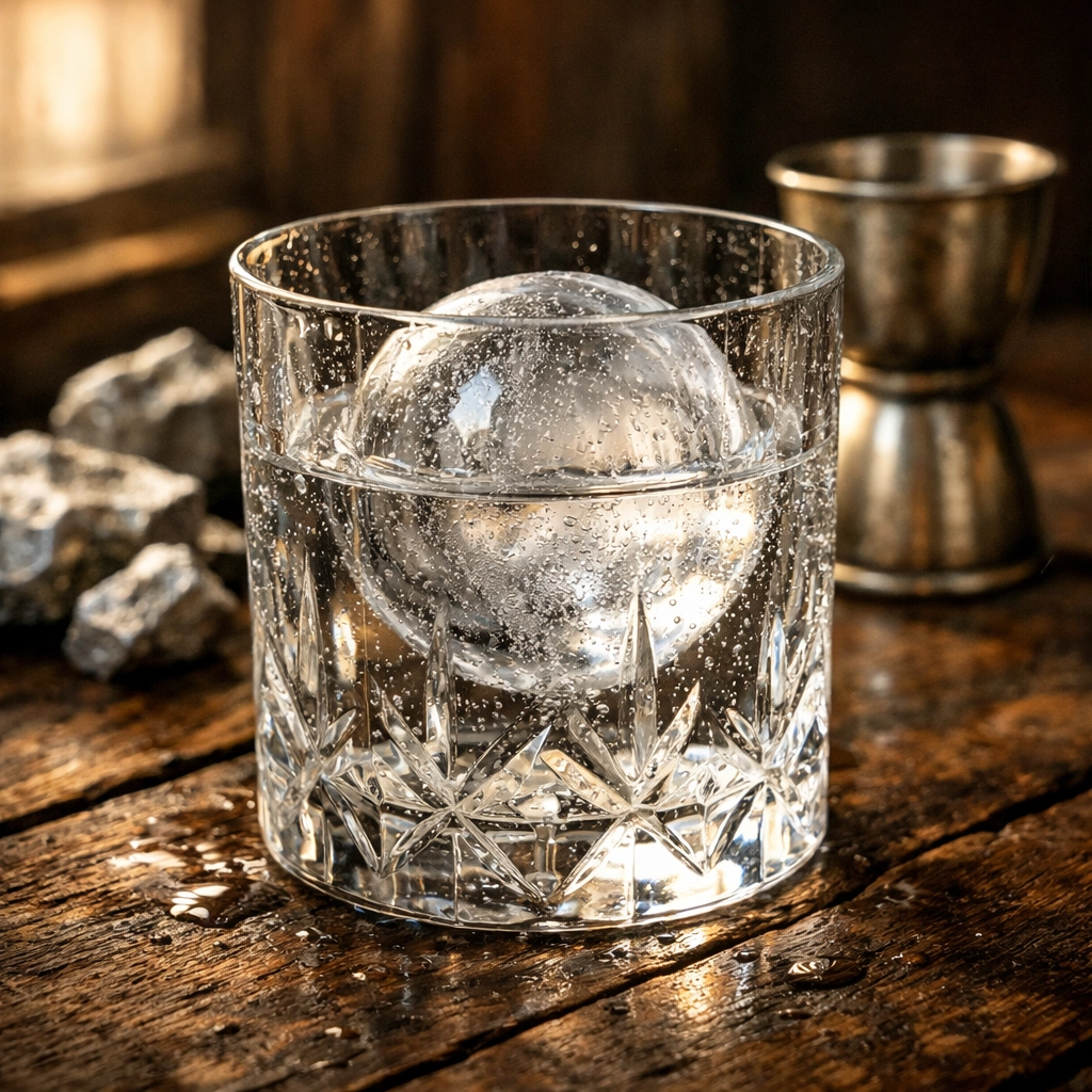 Virginia City Cemetery Gin in a crystal tumbler on a rustic wood surface with silver ore accents.