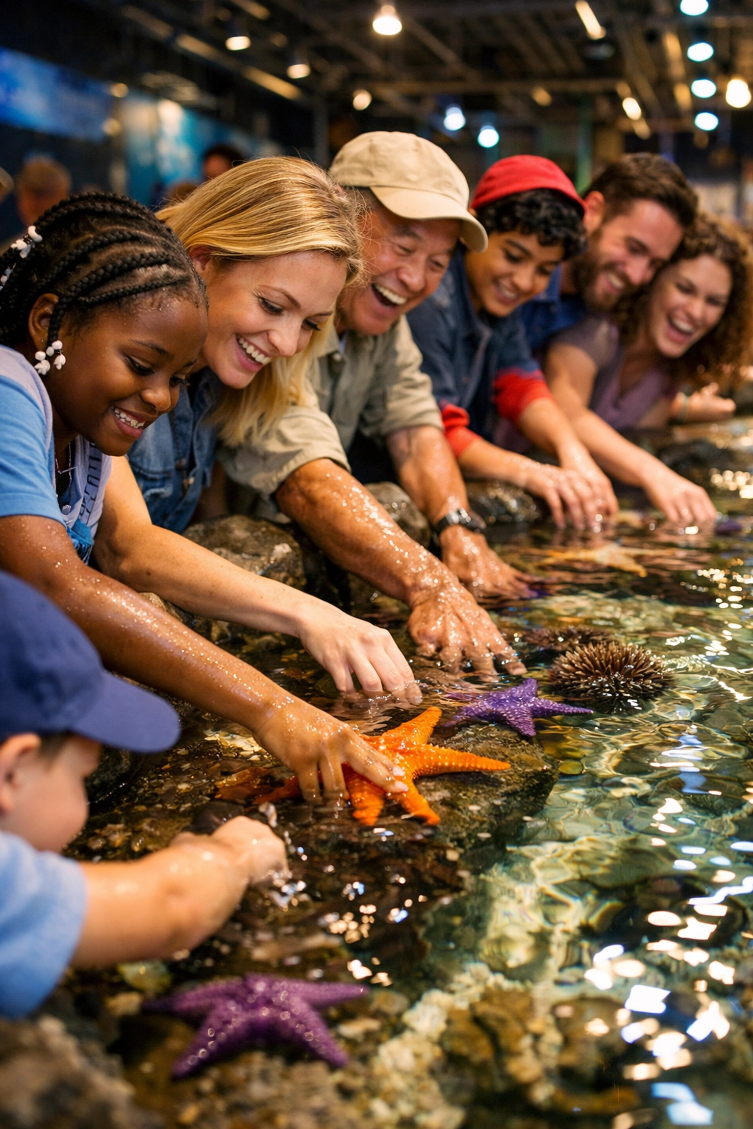 Zoo visitors engaging with interactive touch tank exhibit and marine life