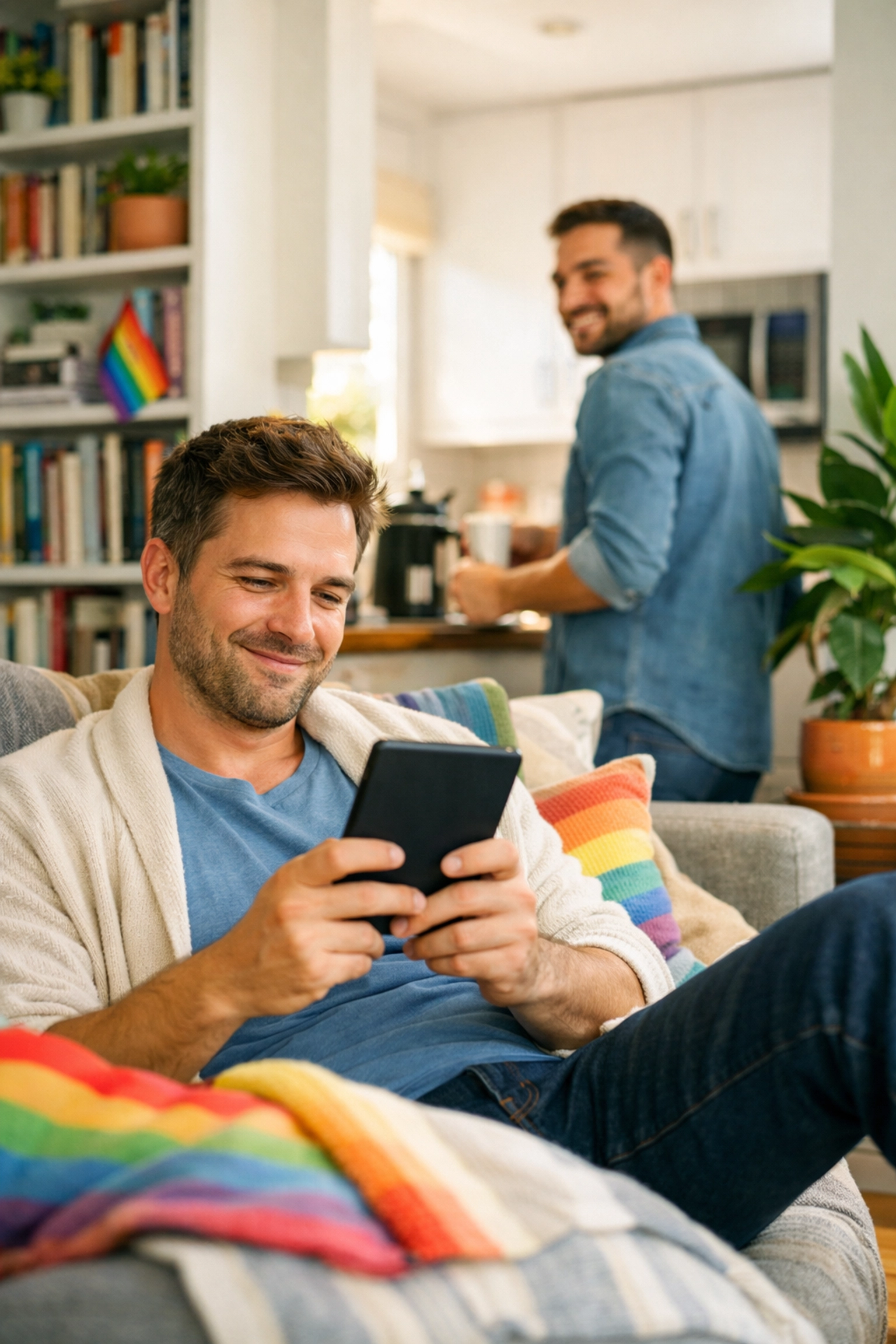 A man reading a gay romance eBook at home while his partner stays close, showing a happy ending.
