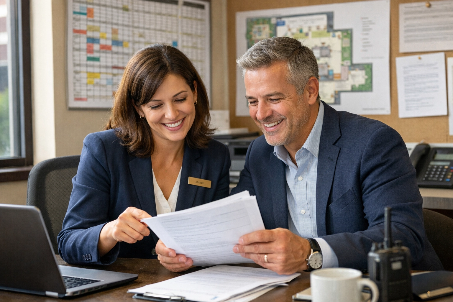 Hospitality staffing agency manager meeting with hotel general manager to discuss partnership