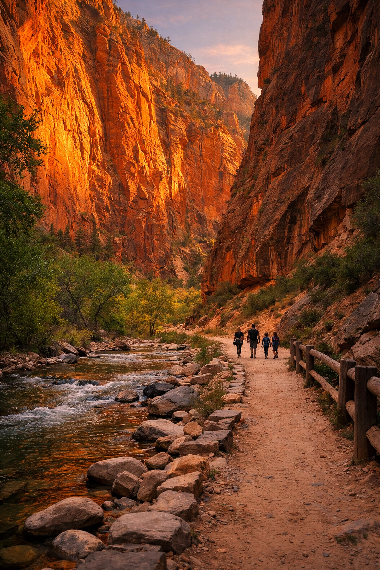 A family hiking the Riverside Walk in Zion National Park during golden hour, a scenic travel photo spot.