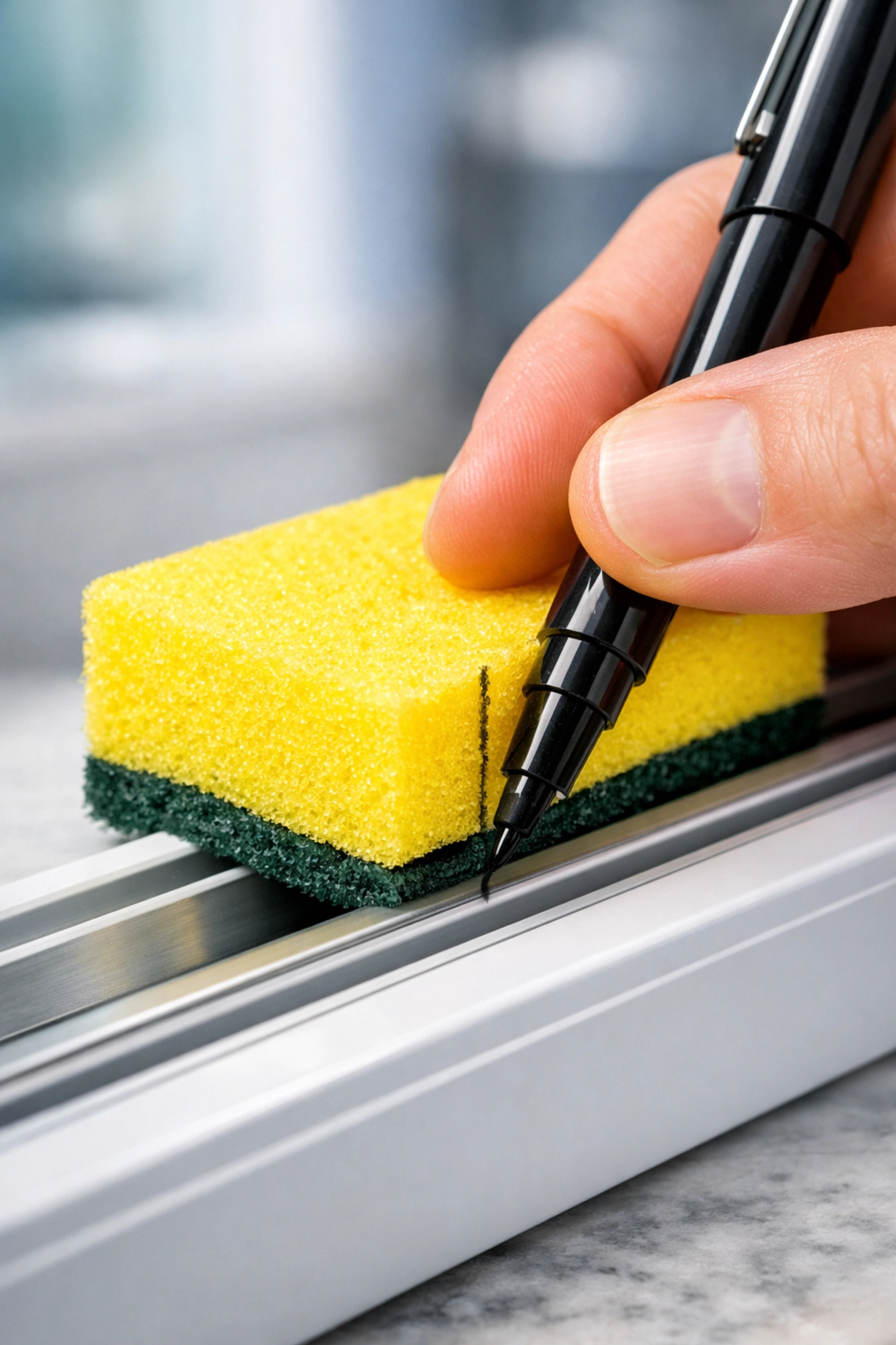 Mapping a window track onto a sponge for custom DIY window cleaning during a bi weekly house cleaning.