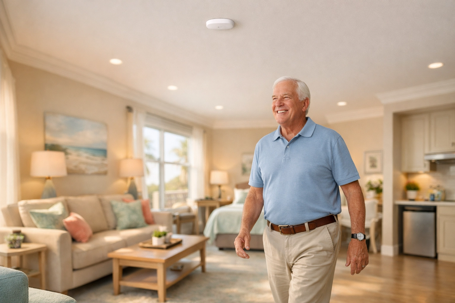 Senior man walking in a sunny Sarasota assisted living suite with discrete predictive monitoring sensors.