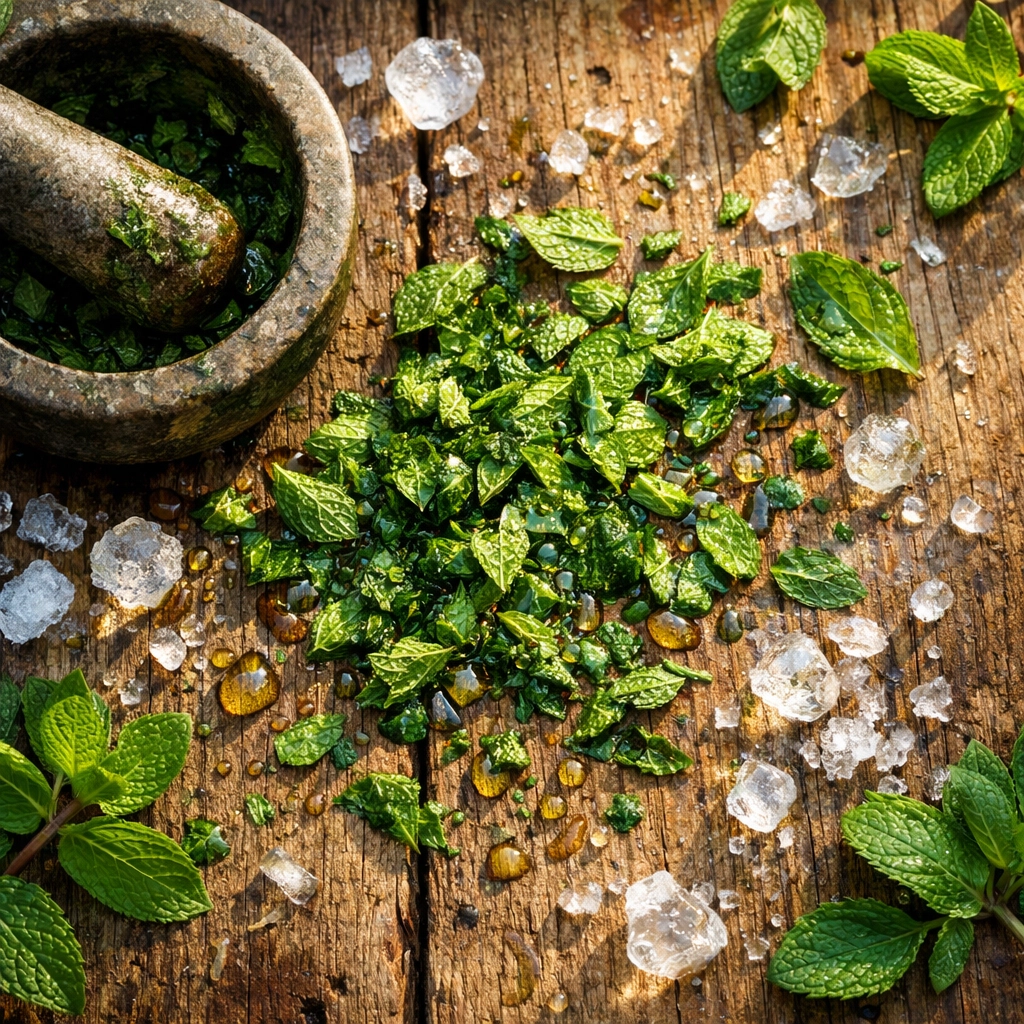 Fresh peppermint leaves and essential oil for making natural cooling tallow balm