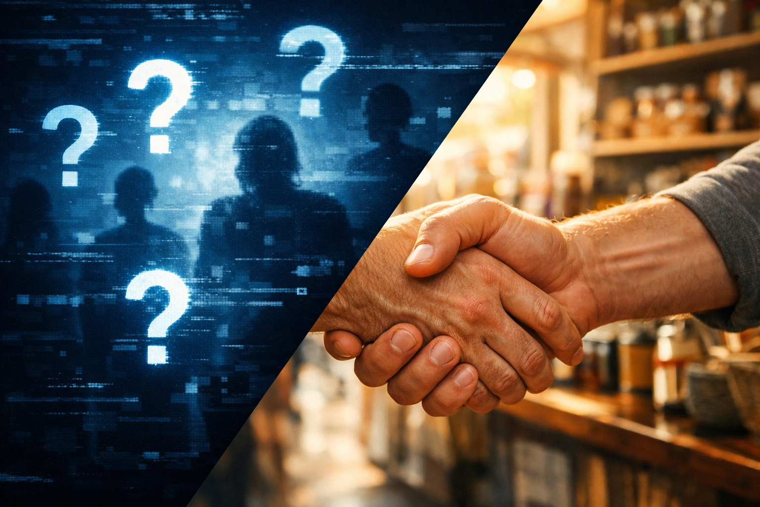 Handshake in a local store contrasting with a glitchy digital space, representing verified reviewer trust.