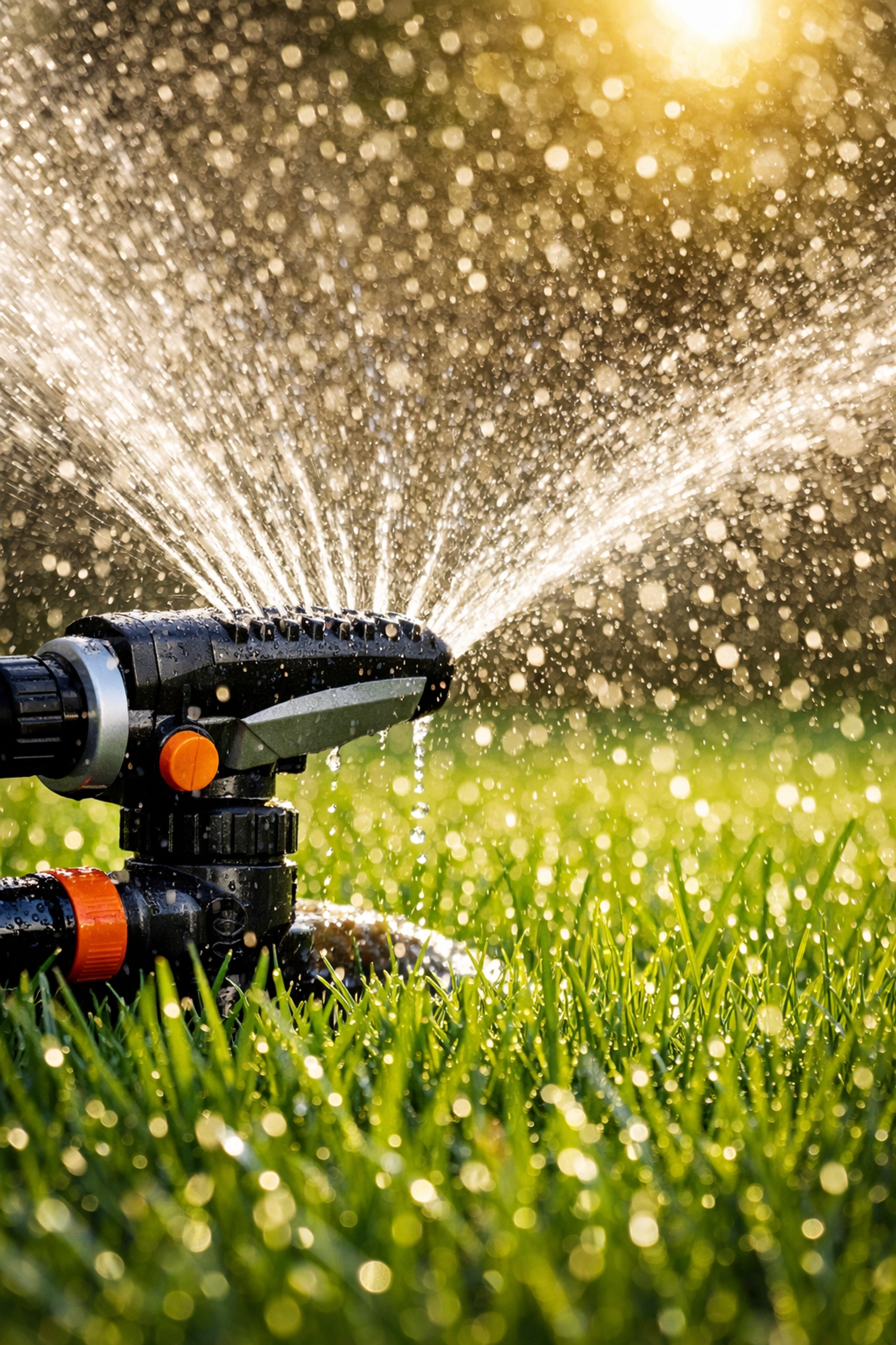 A garden sprinkler watering a lush green lawn to activate pre-emergent weed control treatments.