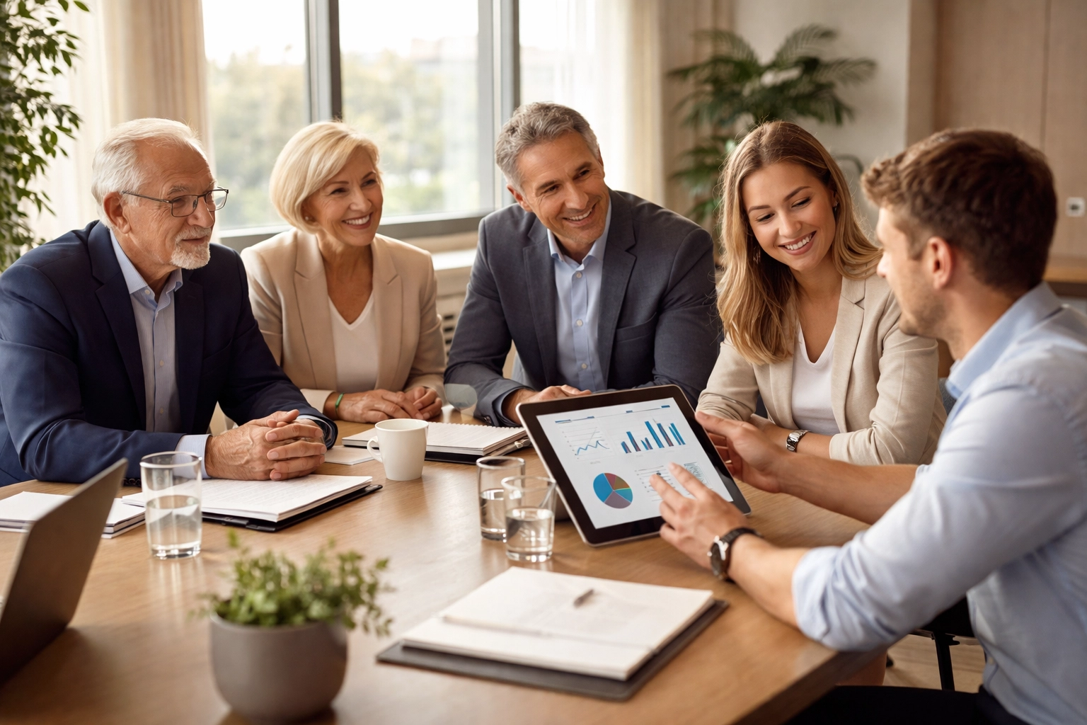 Three generations of family business leaders discussing sustainable growth strategies in a boardroom