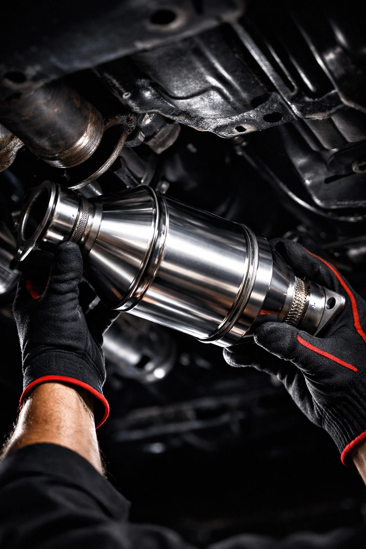 Expert installation of a new catalytic converter by a Boise Muffler Auto Repair technician.