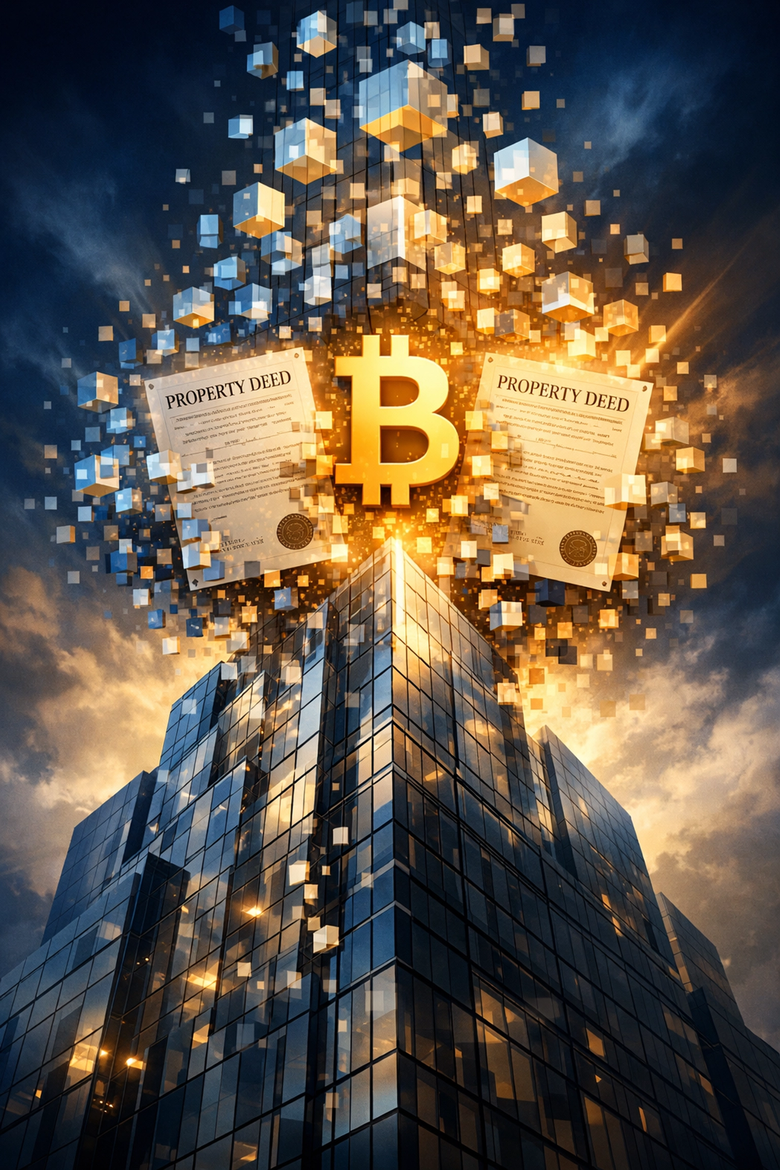 Commercial building transforming into blockchain tokens with Bitcoin symbols showing crypto real estate integration
