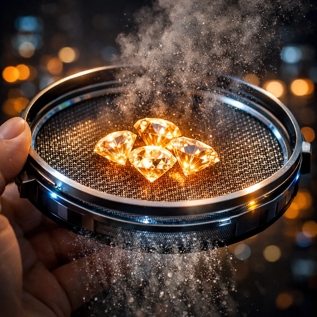 A sieve filtering digital noise to find glowing diamonds, symbolizing high-intent website traffic.