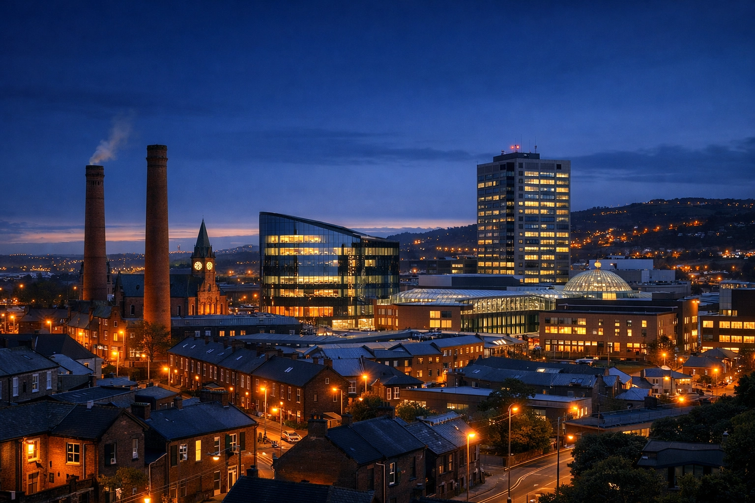 Oldham town skyline at sunset representing the local property market and investment opportunities.