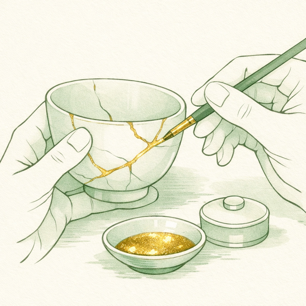 Hands repairing cracked ceramic with gold lacquer using traditional Japanese kintsugi healing technique