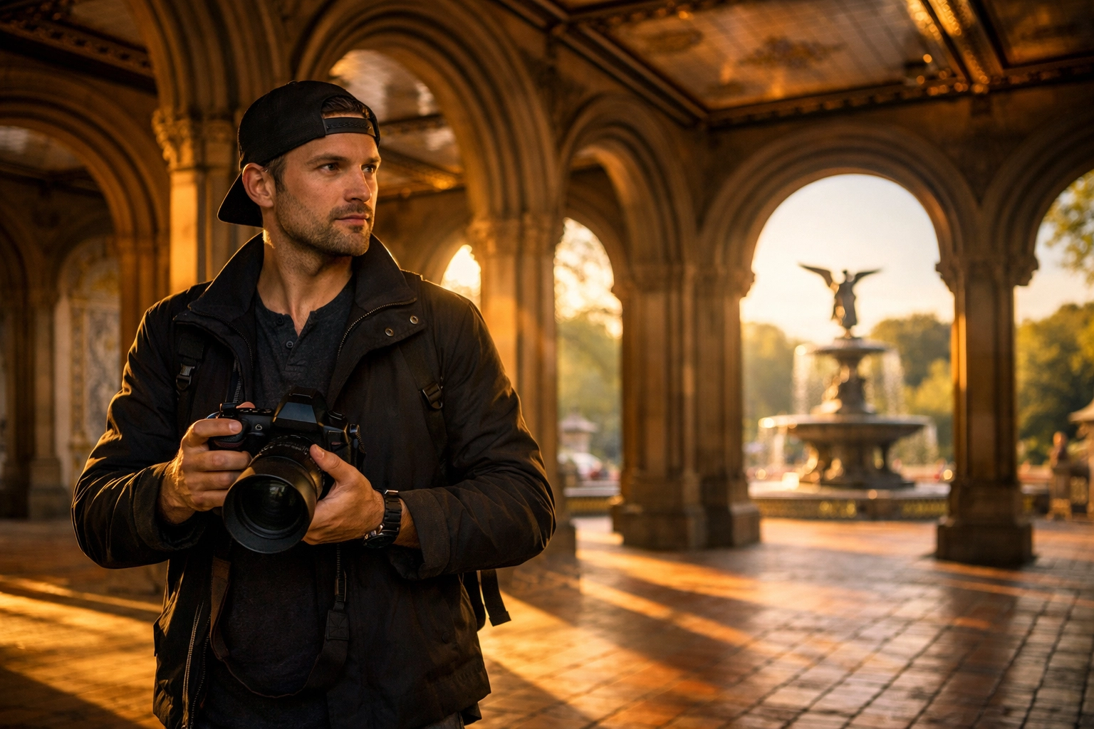 Professional photographer holding camera at Central Park's Bethesda Terrace during golden hour in New York City.