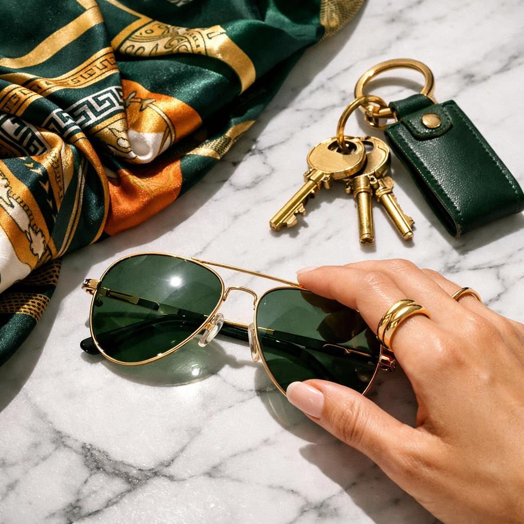 Luxury Black-owned accessories including gold-rimmed sunglasses and a patterned silk scarf on marble.