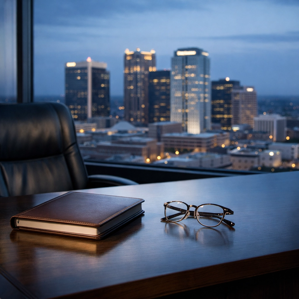 Executive desk overlooking Birmingham skyline, representing an Alabama business owner’s professional legacy.