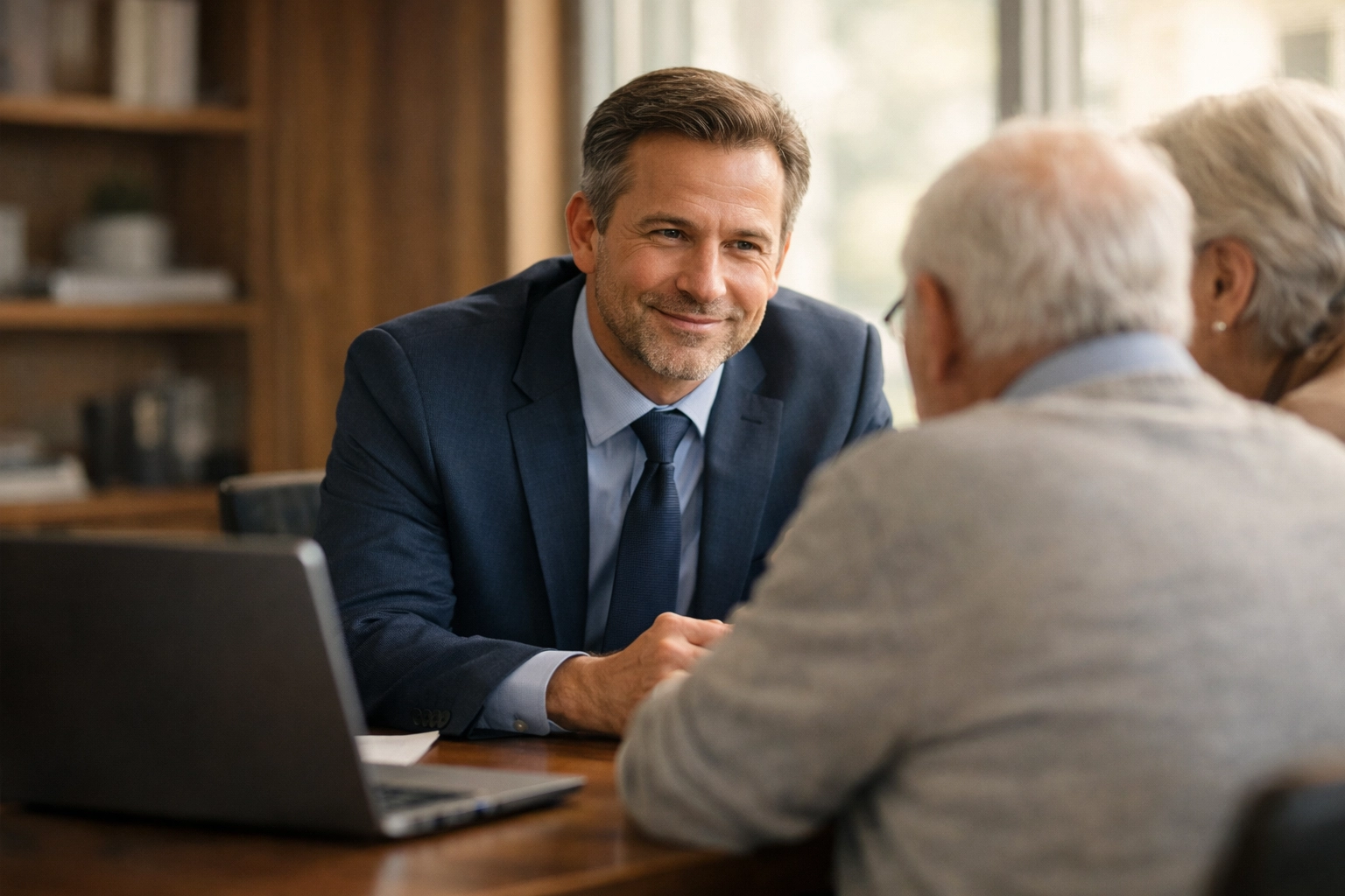 Bank consultant listening intently to clients, prioritizing human connection over digital tools in a modern office.