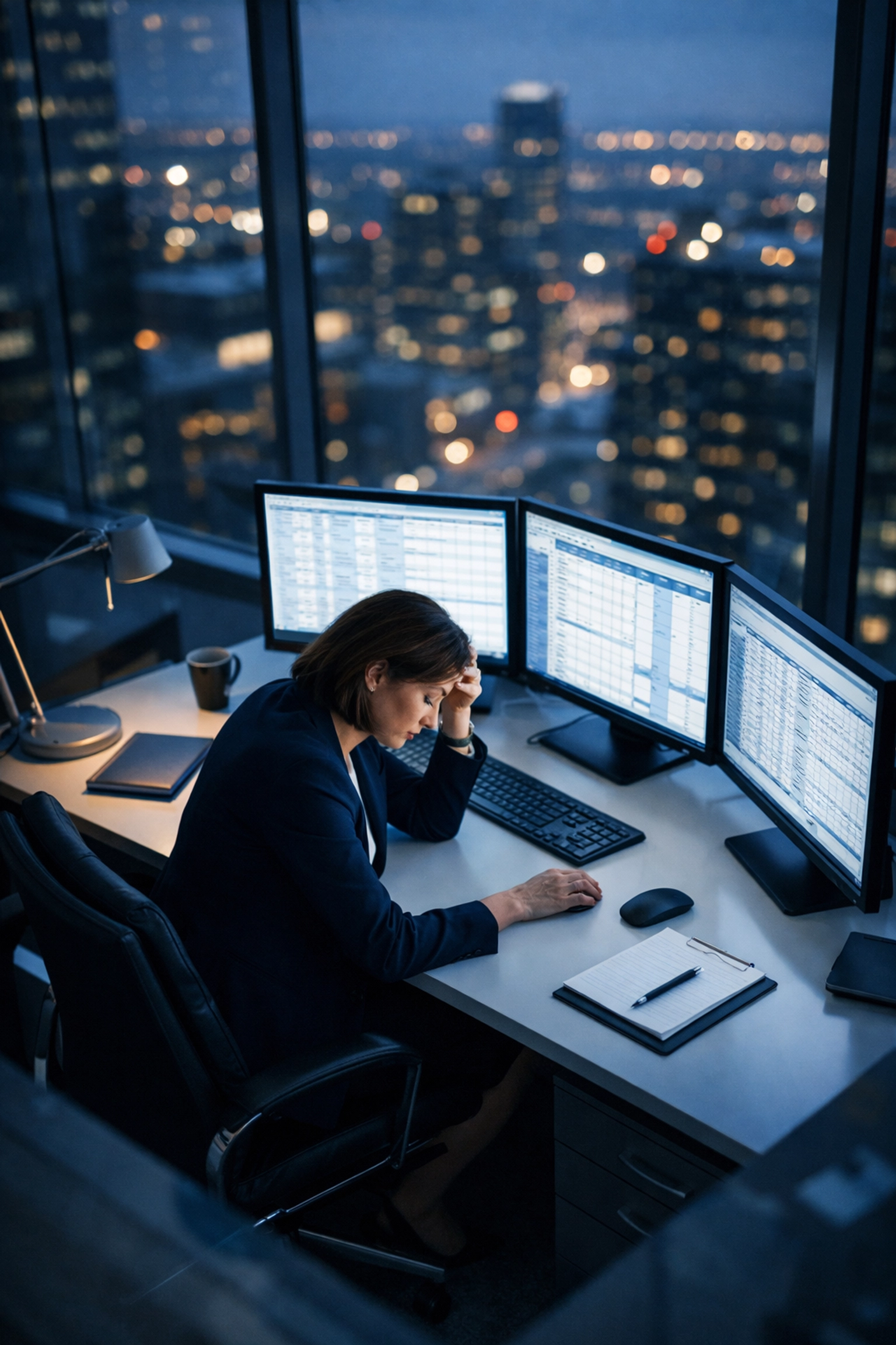 Stressed business leader at a desk late at night, illustrating leadership burnout and exhaustion.