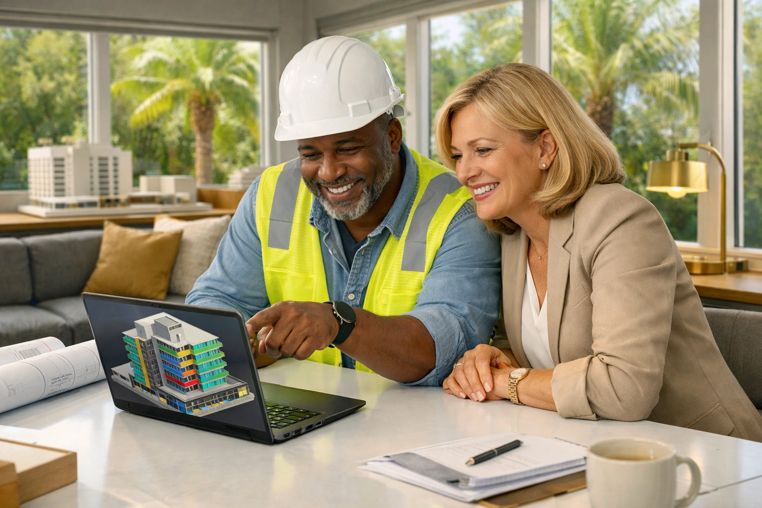 Construction manager and stakeholder collaborating on project planning in a modern Florida office.