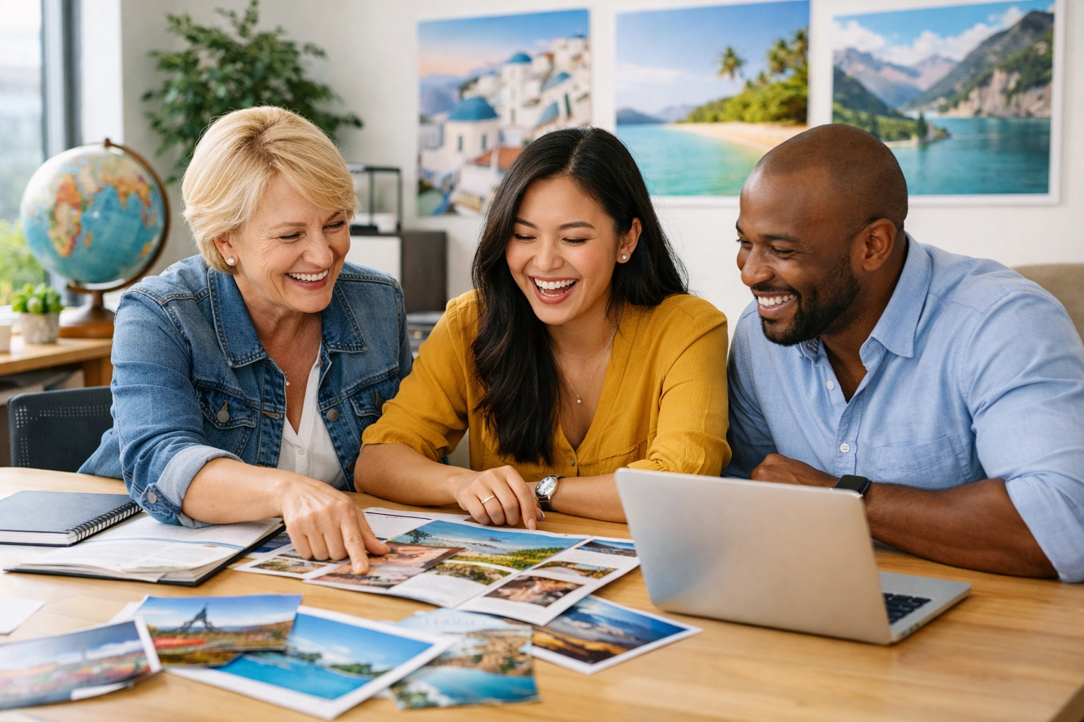 Travel advisors collaborating together in modern workspace with destination photos and laptops