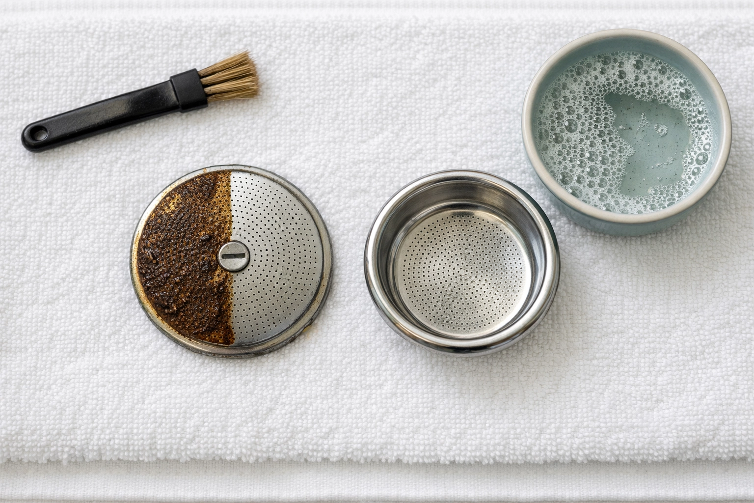 Espresso machine shower screen and portafilter basket laid out for cleaning and maintenance