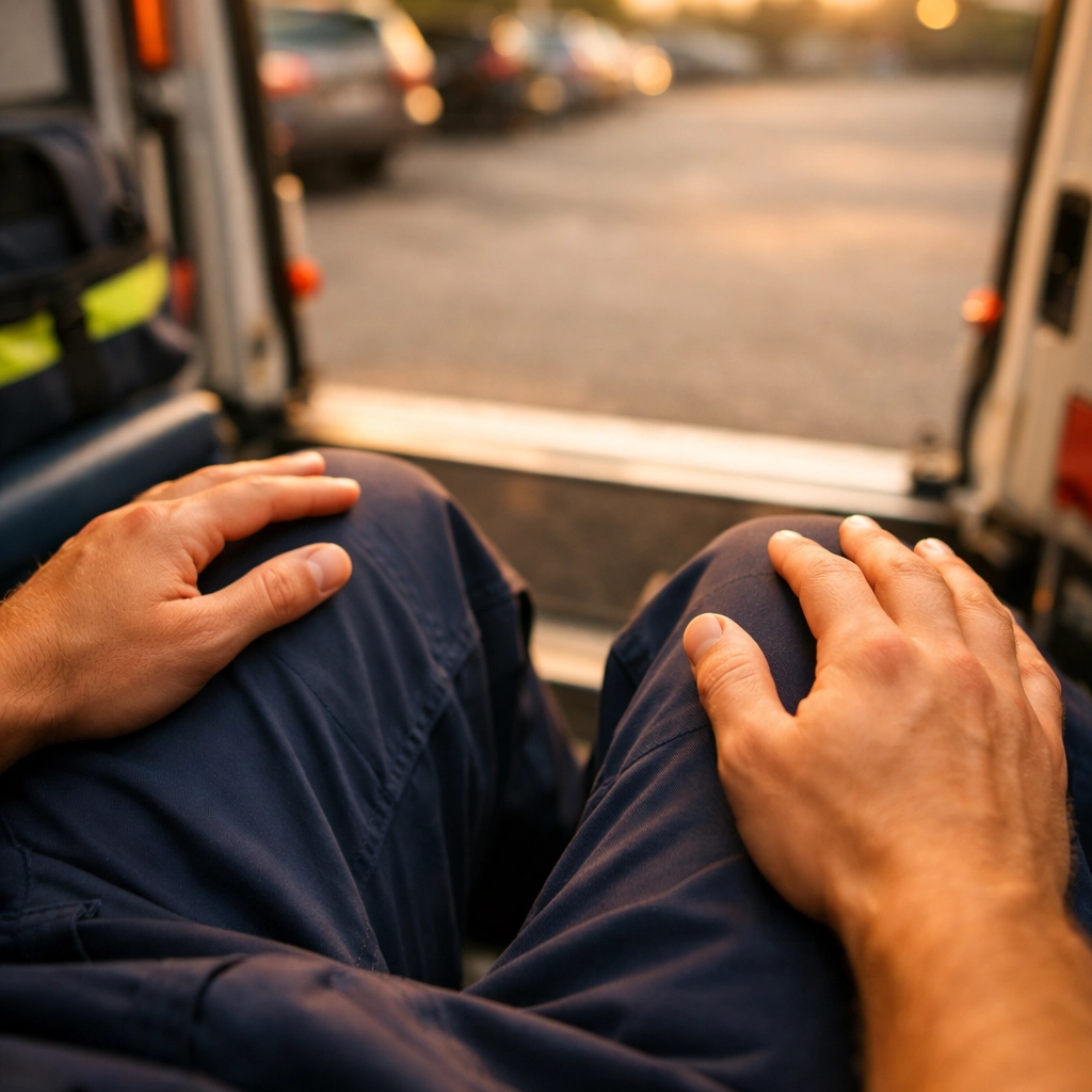 First responder practicing box breathing technique in ambulance after stressful call