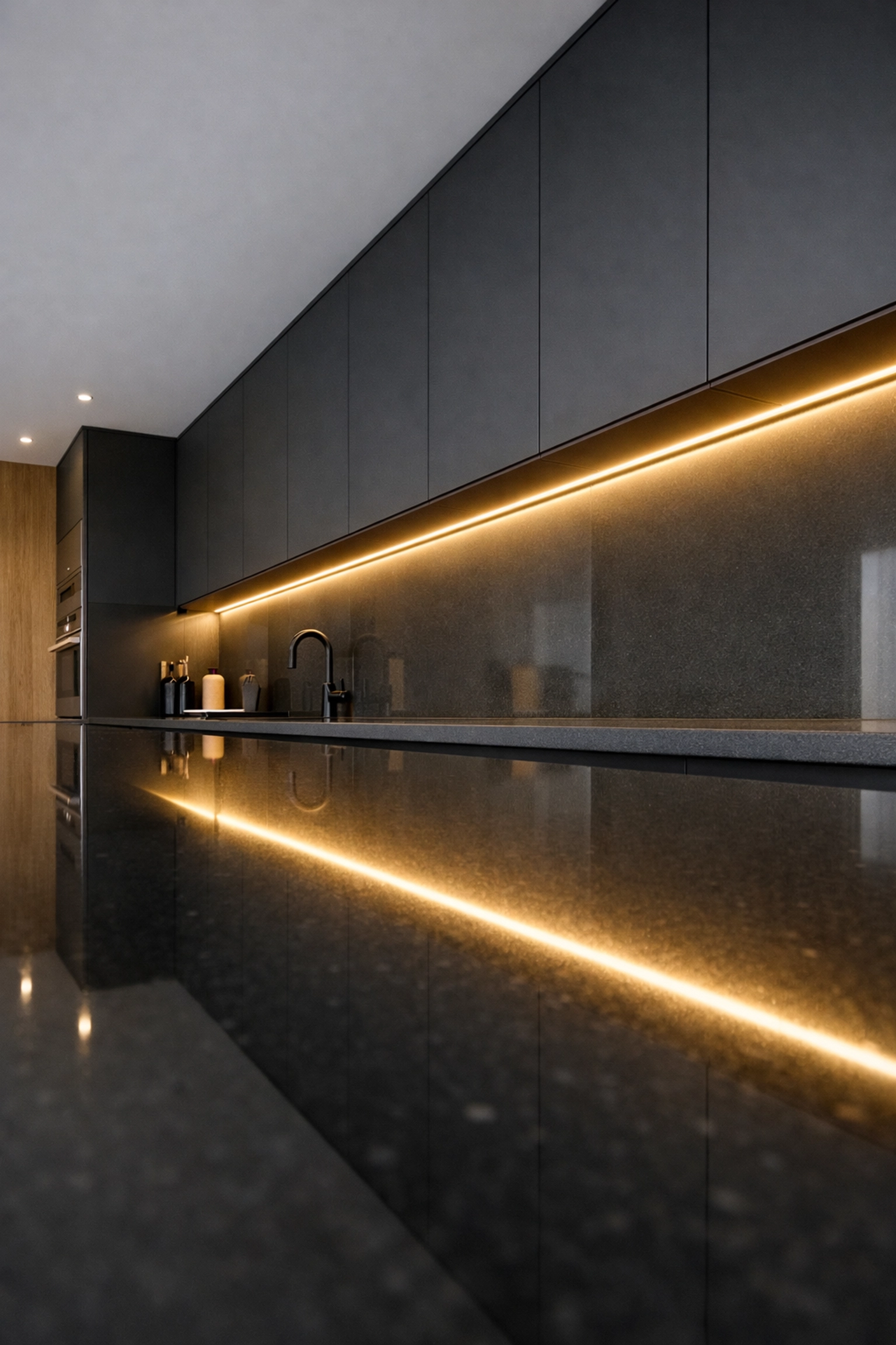 Continuous warm under-cabinet LED lighting in a modern kitchen with high-end custom cabinetry.