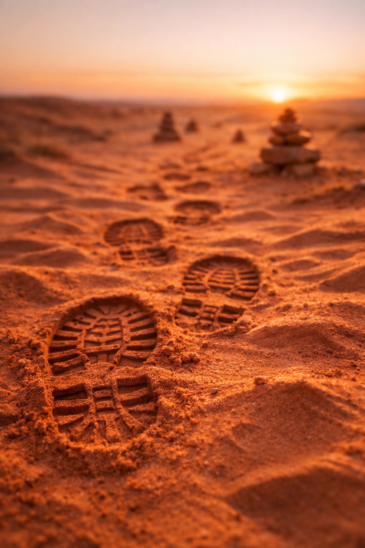 Fresh boot prints and stone cairns marking a desert trail in the Painted Desert