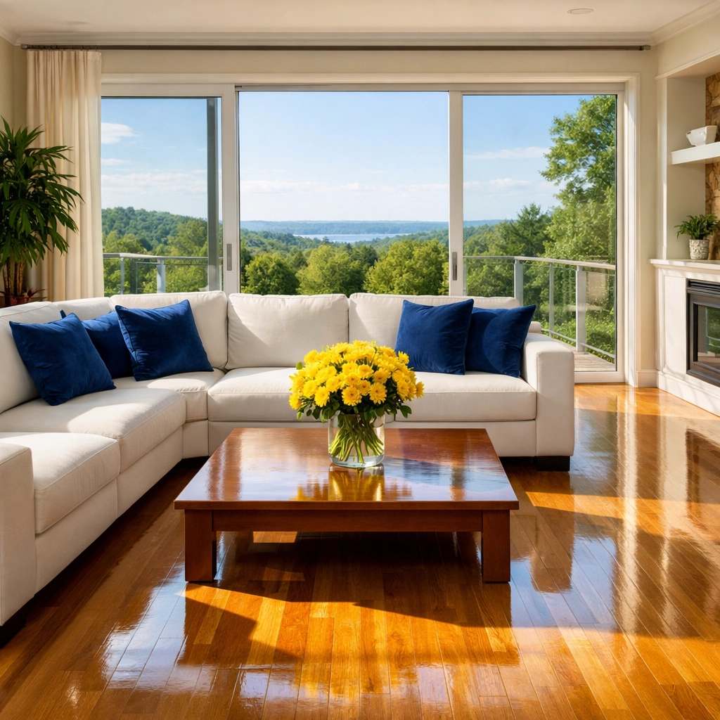 Pristine eco-friendly living room in a Massachusetts home after professional House Cleaning Holden MA.