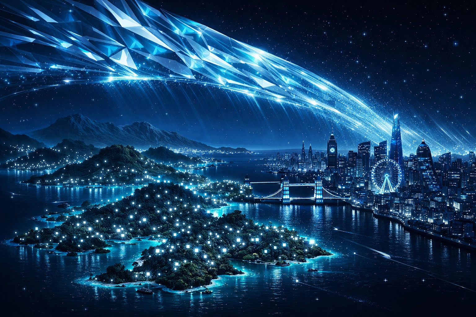 Conceptual map of BVI and London businesses being targeted by automated AI phishing at scale.