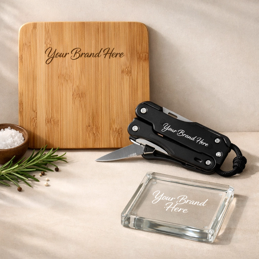 Premium branded gifts including an engraved bamboo board and multi-tool, showcasing high-quality swag.