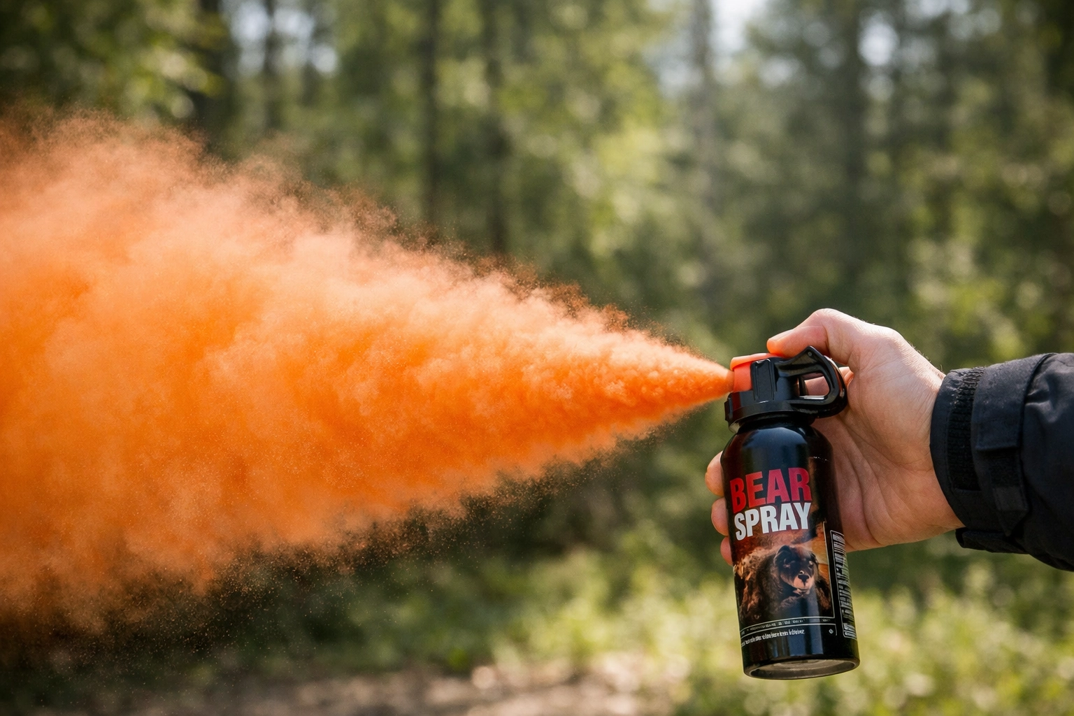 Using bear spray correctly to create a protective cloud deterrent during a wilderness expedition.