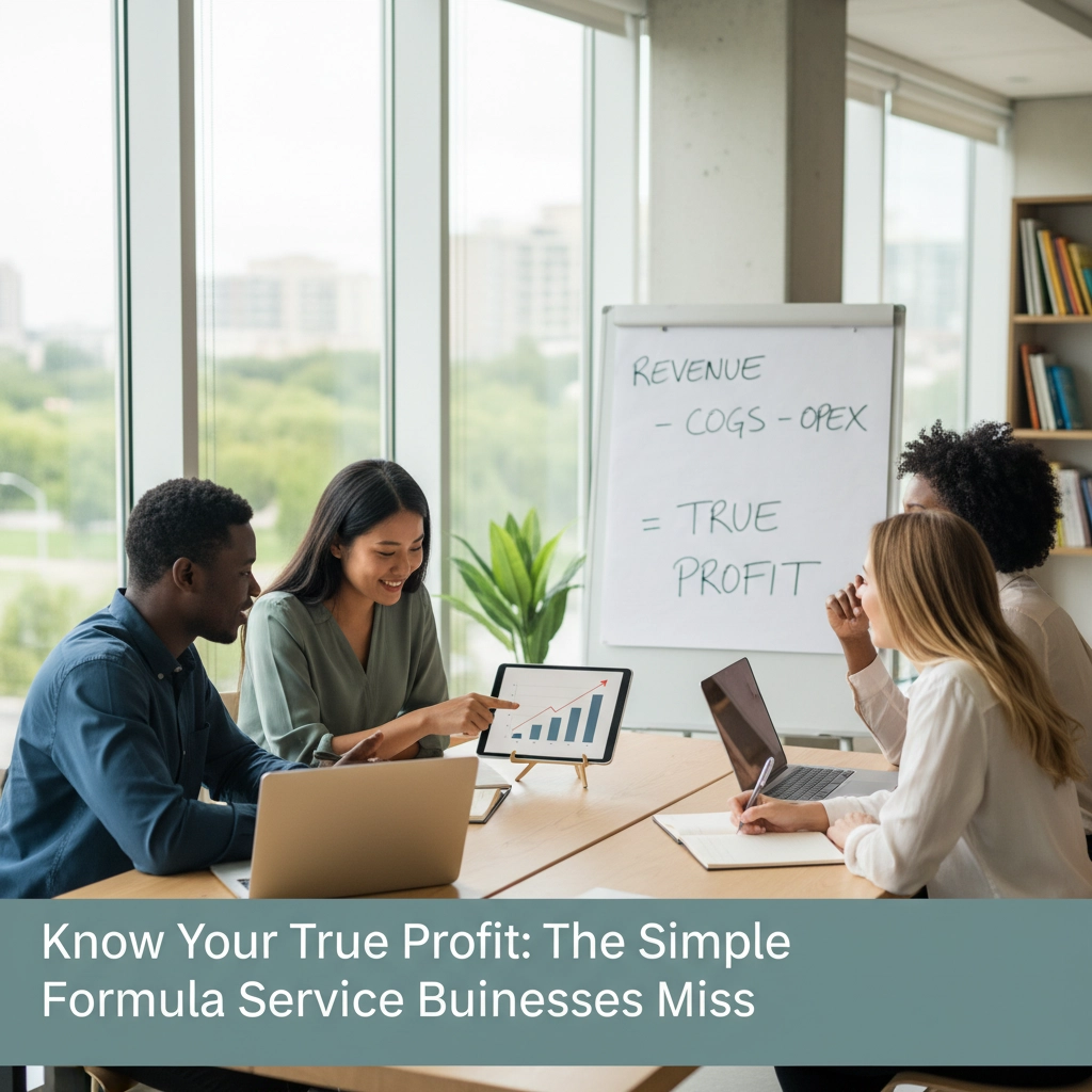 Three professionals in a meeting room discussing financial data, with a whiteboard showing the formula: Revenue minus COGS minus OPEX equals True Profit.
