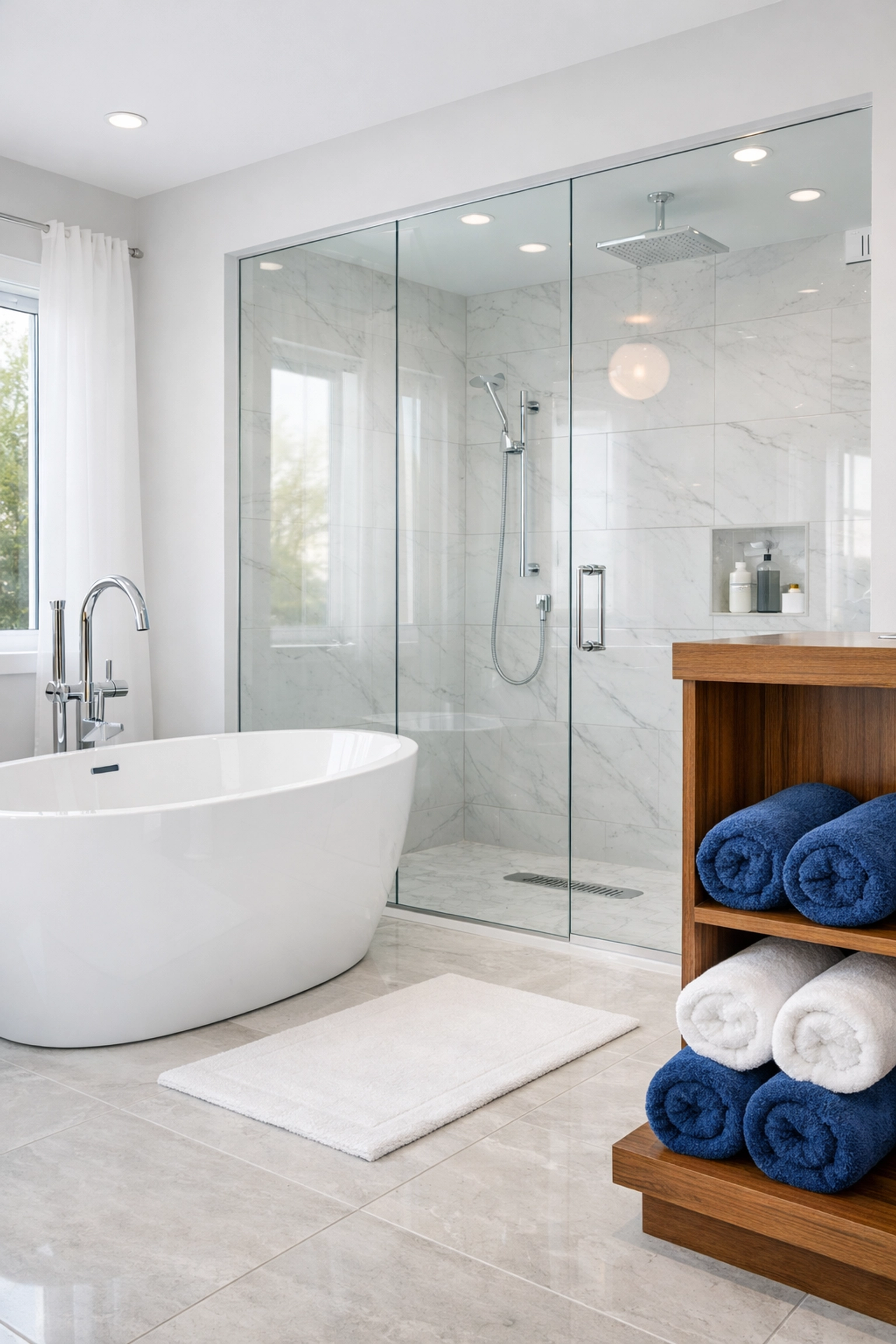 Pristine master bathroom with a sparkling bathtub and streak-free glass in an Arlington home.