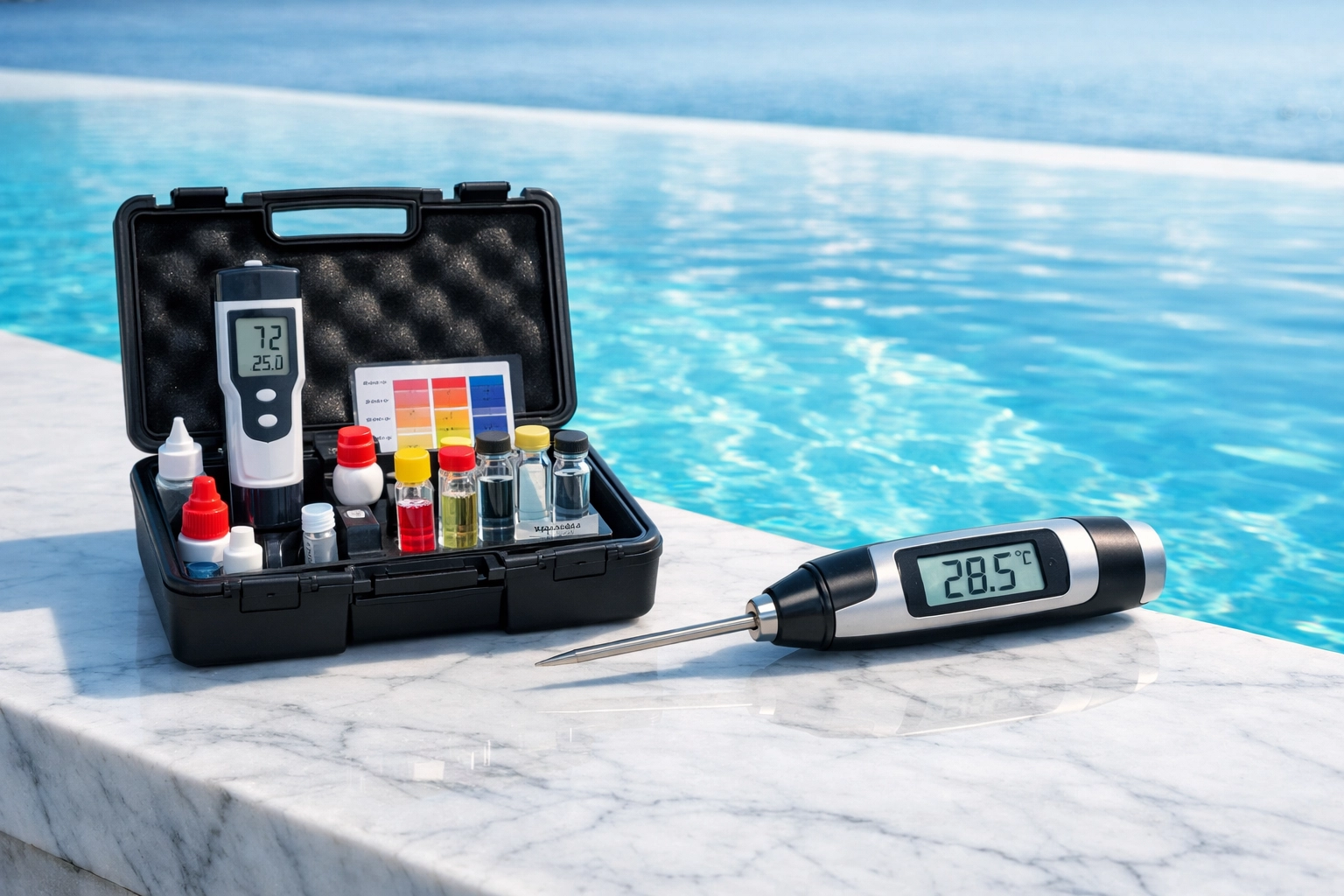 Professional pool water testing kit on an infinity pool edge symbolizing expert route due diligence.